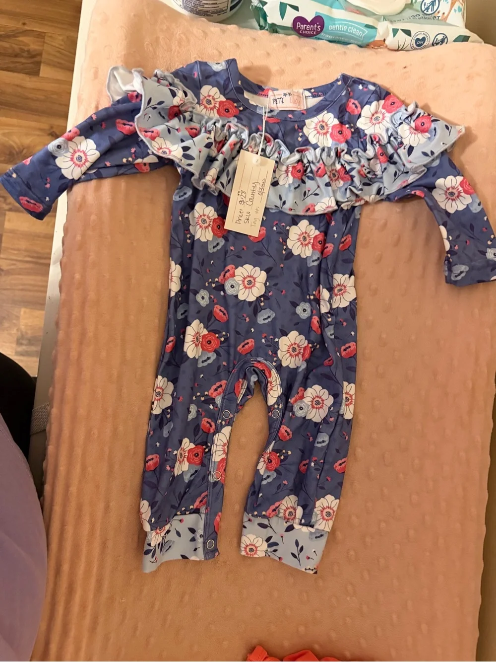 Floral Ruffle Footie One-Piece for Kids - Blue with Pink & White Flowers